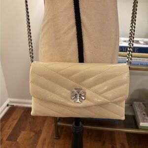 Tory Burch Kira Chevron Wallet on a Chain in New Cream